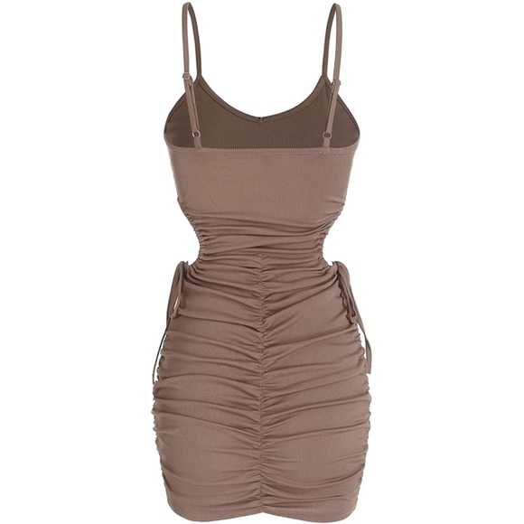 Ribbed V-Neck Waist Side Cutout Tie Ruched Slinky Bodycon Mini Dress Coffee S - Picture 5 of 15